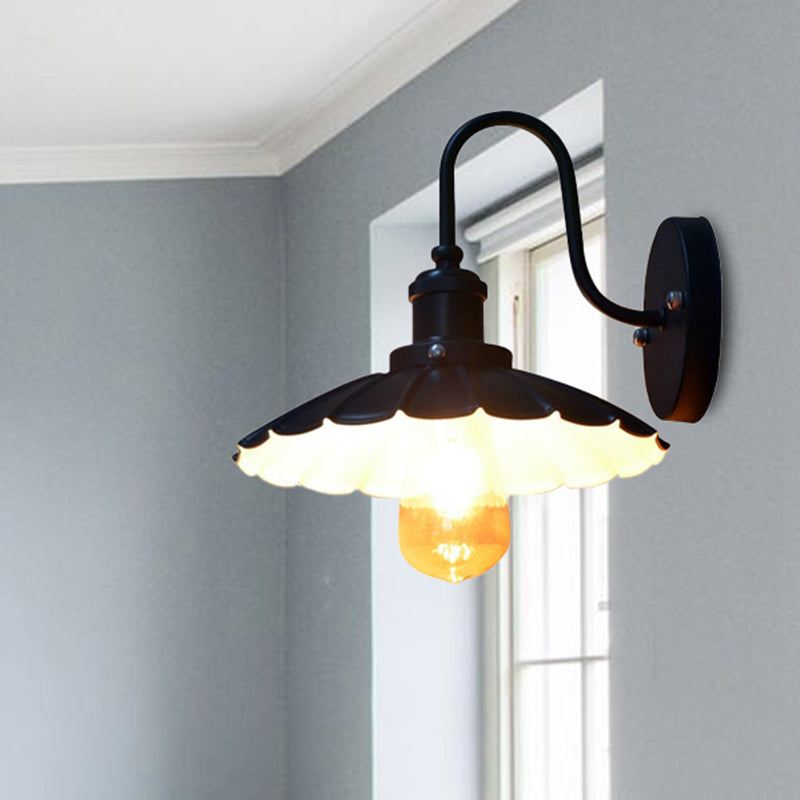 Industrial Gooseneck Wall Sconce With Scalloped Shade 1 Light - Black 9.5/13 Width / 9.5