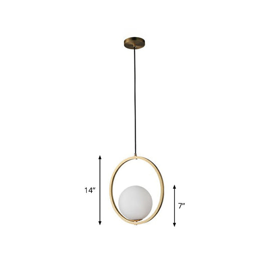 Opaque Glass Ball Ceiling Suspension Brass Drop Pendant With Metal Ring Lighting