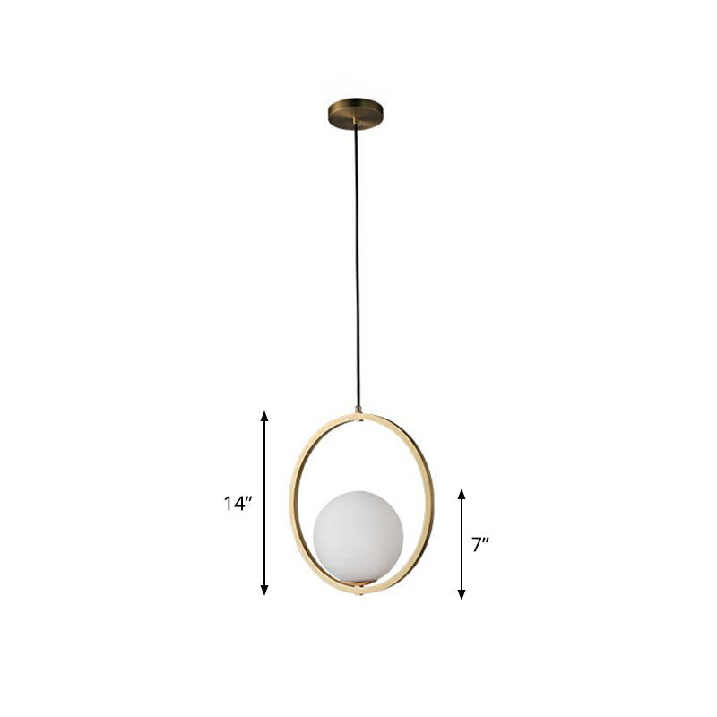 Opaque Glass Ball Ceiling Suspension Brass Drop Pendant With Metal Ring / 14 Lighting