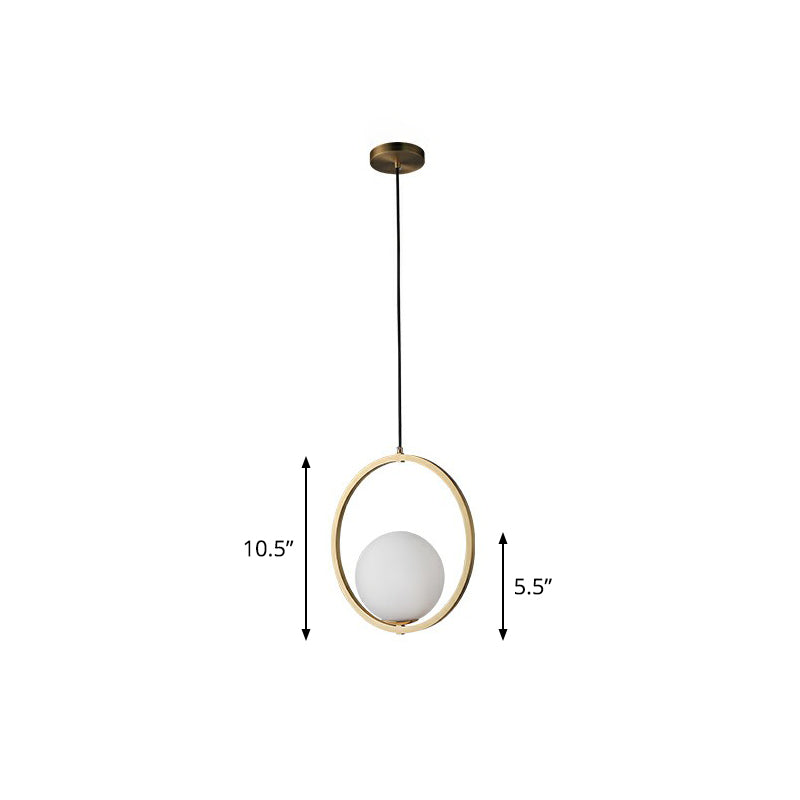 Simplicity Single Brass Pendant Lamp With Opaque Glass Shade And Metal Ring - Ball Suspension