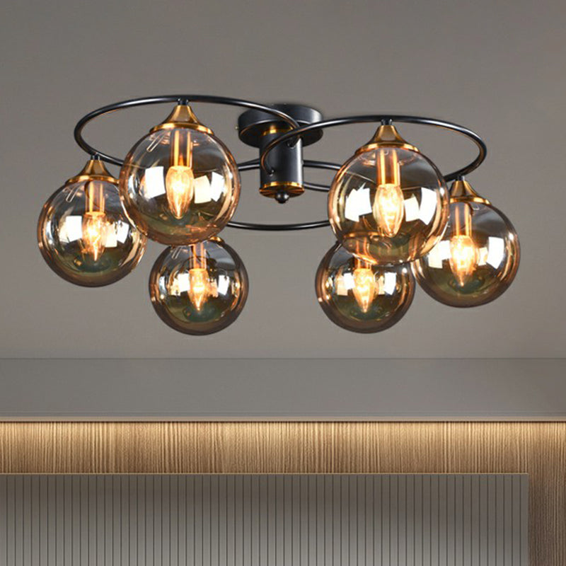 Black and Brass Postmodern Semi-Flush Chandelier with Glass Ball Shade for Ceiling Lighting