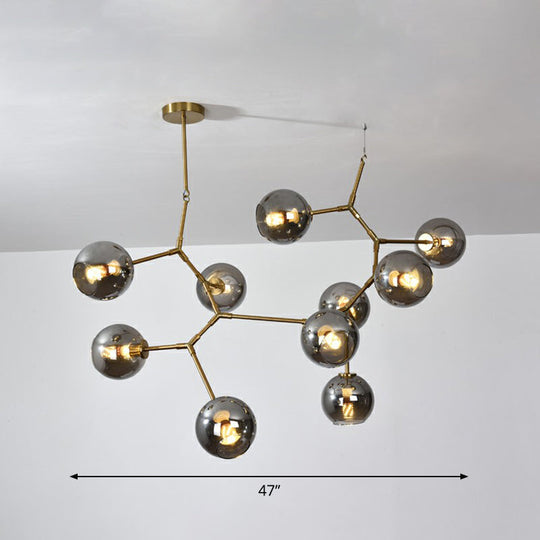 Molecular Chandelier: Brass Finish Postmodern Metal & Ball Glass Shade 10 / Smoke Gray