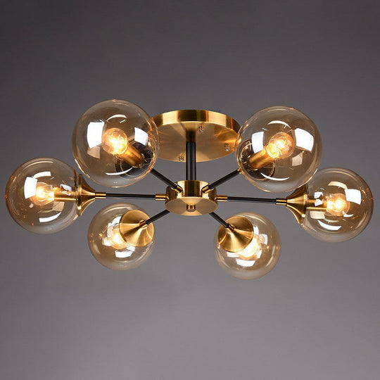 Radial Flush Mount Black And Brass Ceiling Light With Glass Ball Shade 6 / Amber