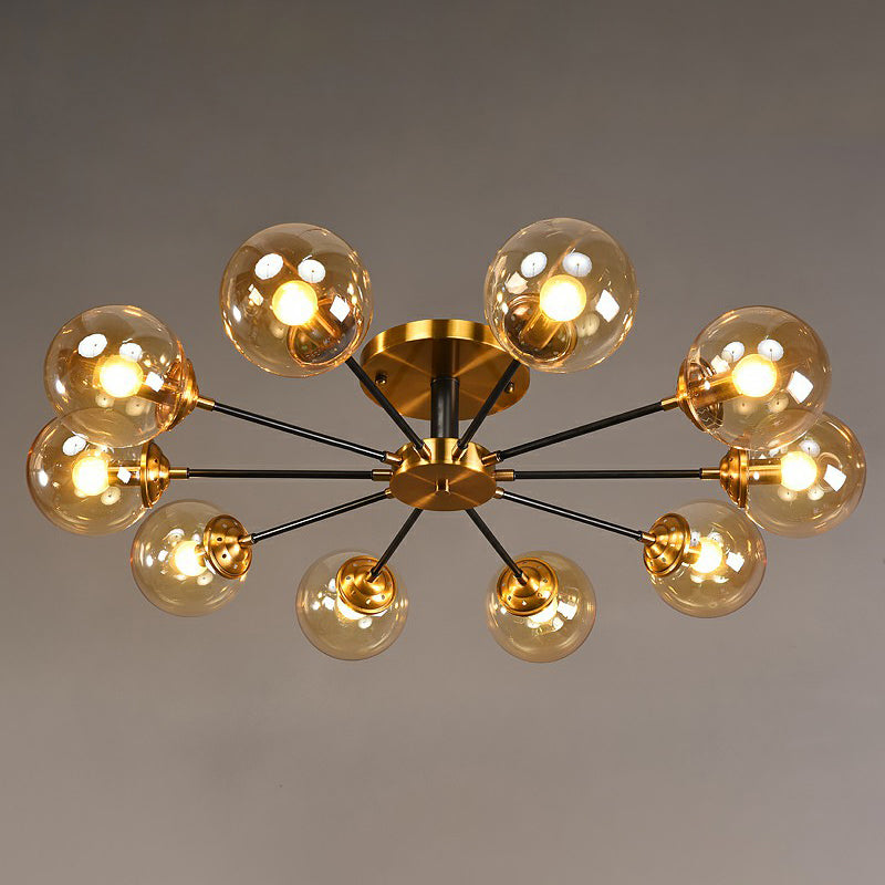 Radial Flush Mount Black And Brass Ceiling Light With Glass Ball Shade 10 / Amber