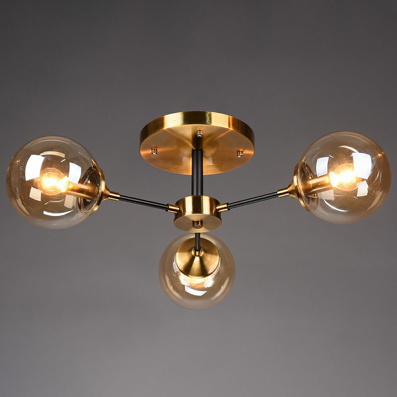 Radial Flush Mount Black And Brass Ceiling Light With Glass Ball Shade 3 / Amber