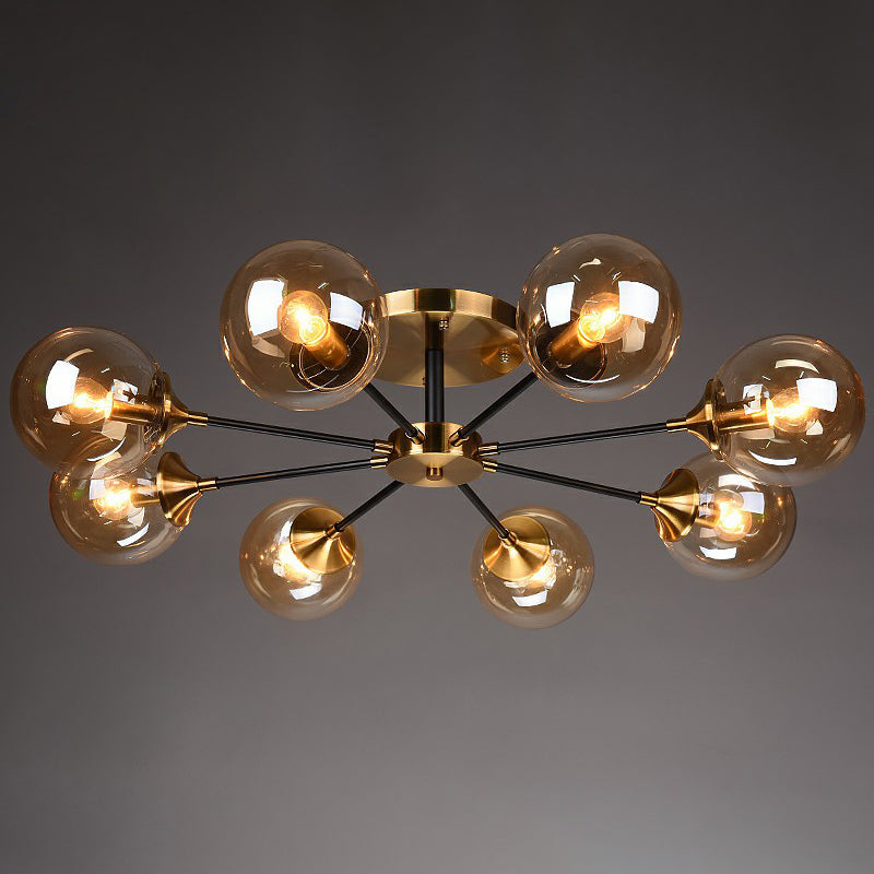 Radial Flush Mount Black And Brass Ceiling Light With Glass Ball Shade 8 / Amber