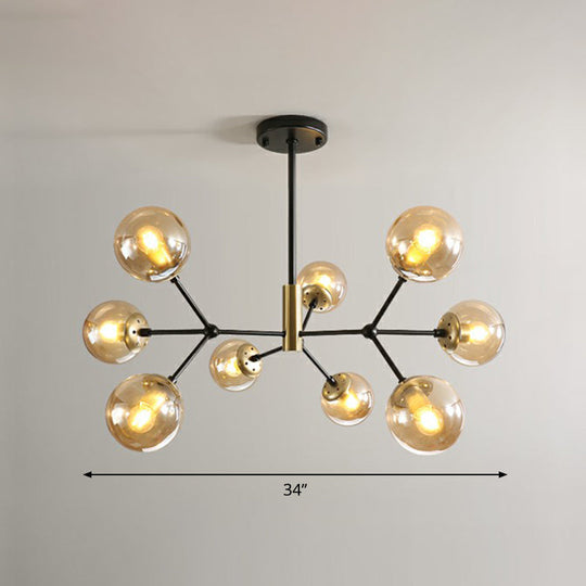 Postmodern Hanging Light Ball Glass Chandelier for Bedroom in Black and Brass