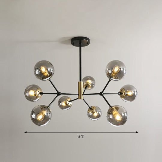 Postmodern Hanging Light Ball Glass Chandelier for Bedroom in Black and Brass