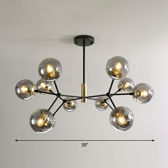 Postmodern Hanging Light Ball Glass Chandelier for Bedroom in Black and Brass