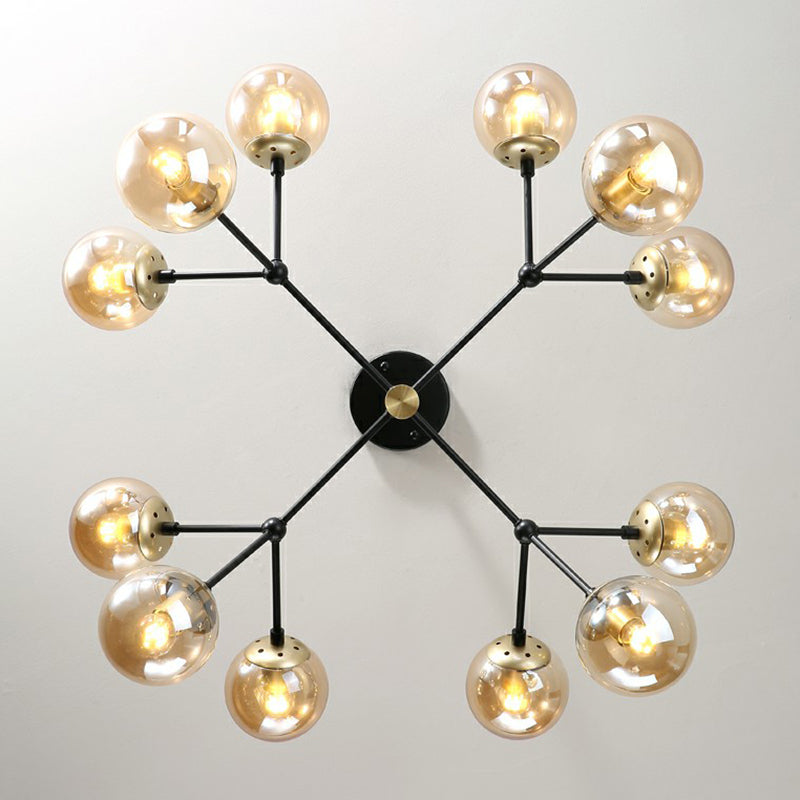 Postmodern Hanging Light Ball Glass Chandelier for Bedroom in Black and Brass