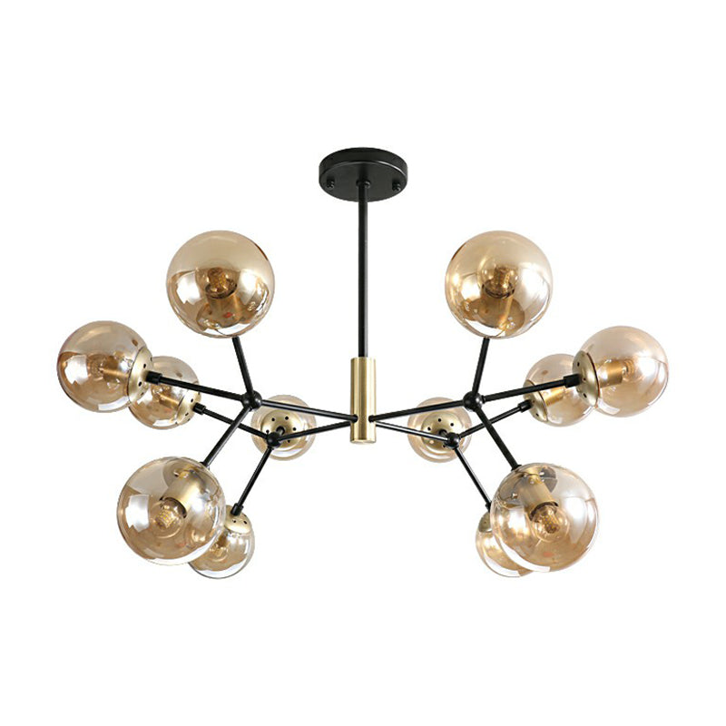 Postmodern Hanging Light Ball Glass Chandelier for Bedroom in Black and Brass