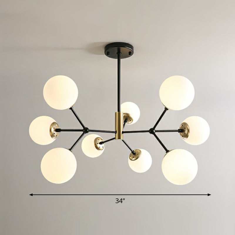 Postmodern Hanging Light Ball Glass Chandelier for Bedroom in Black and Brass