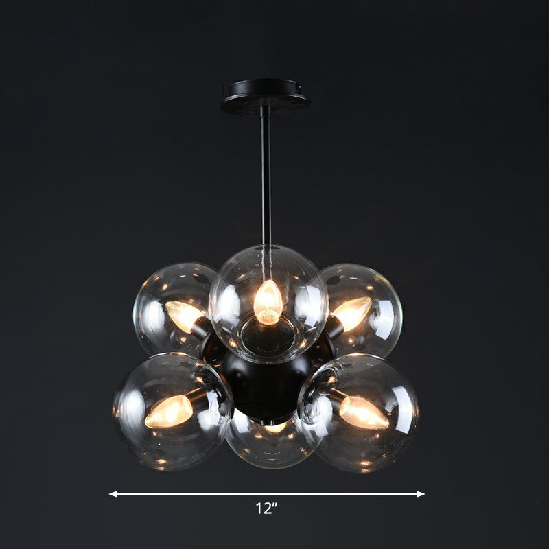 Nordic Bubble Glass Pendant Chandelier: Sleek 6-Bulb Black Hanging Light For Bedroom Clear