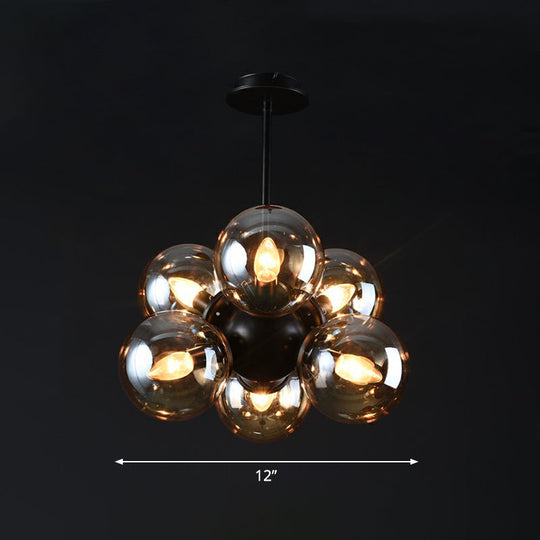 Nordic Bubble Glass Pendant Chandelier: Sleek 6-Bulb Black Hanging Light For Bedroom Amber