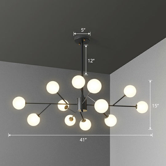 Nordic Branch Chandelier With Opal Glass Shade - Striking Pendant Light Fixture 12 / Black