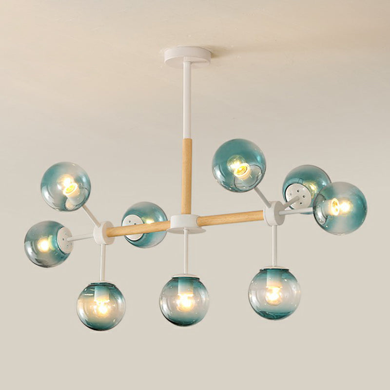 Nordic Metal Pendant Light With Glass Shade - Wood Molecule Chandelier 9 / Blue