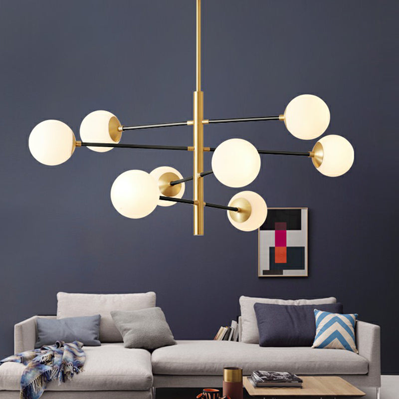 Postmodern Brass Chandelier With Tiered Hanging Pendant And Milky Glass Shade