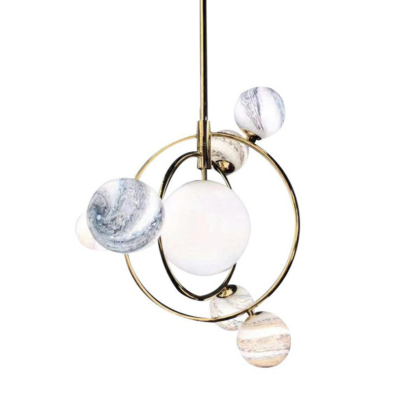 Minimalist Solar Planet Chandelier - Blue-White Glass 7 Heads Living Room Pendant Light White