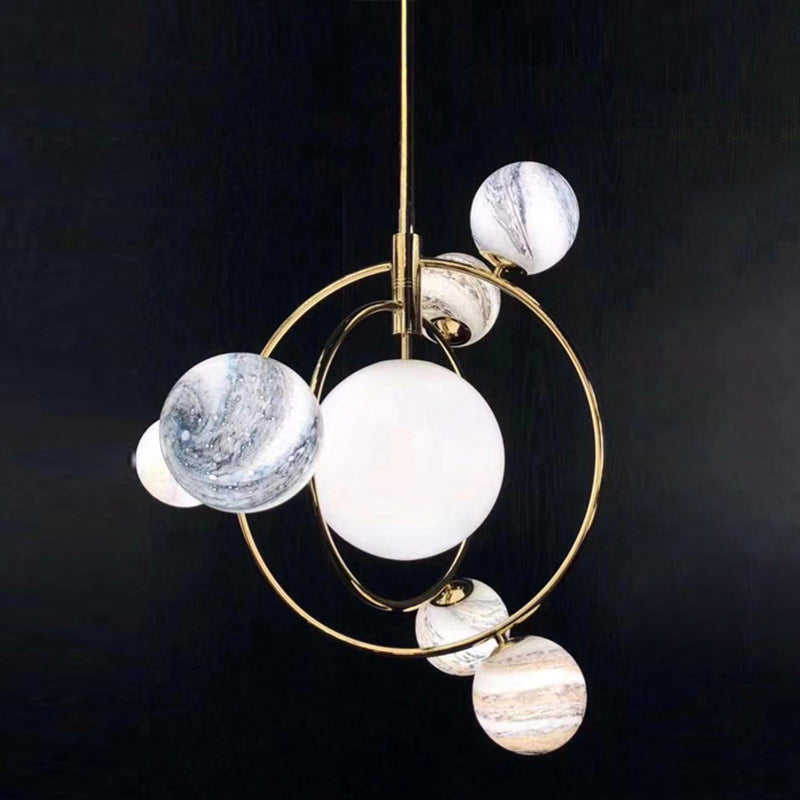 Minimalist Solar Planet Chandelier - Blue-White Glass 7 Heads Living Room Pendant Light