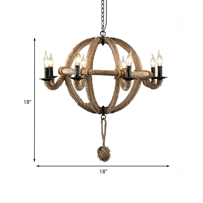 Spherical Chandelier Light Fixture with Rustic Black Finish - Antique Metal Multi-Light Farmhouse Hanging Lamp + Rope/Chain