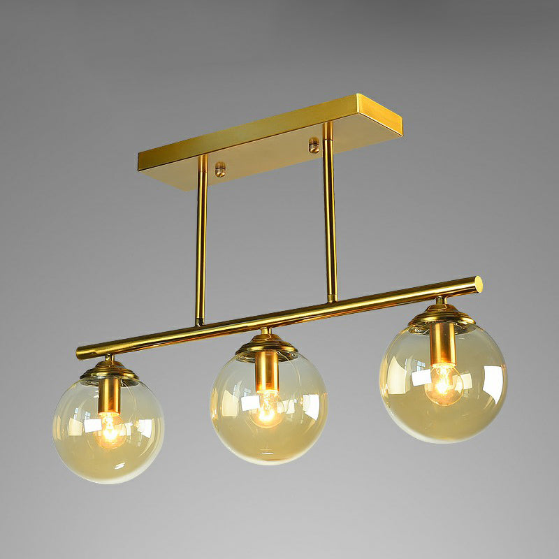 Postmodern Brass Island Light With Globe Glass Shade: Stylish Metal Ceiling Fixture 3 / Amber