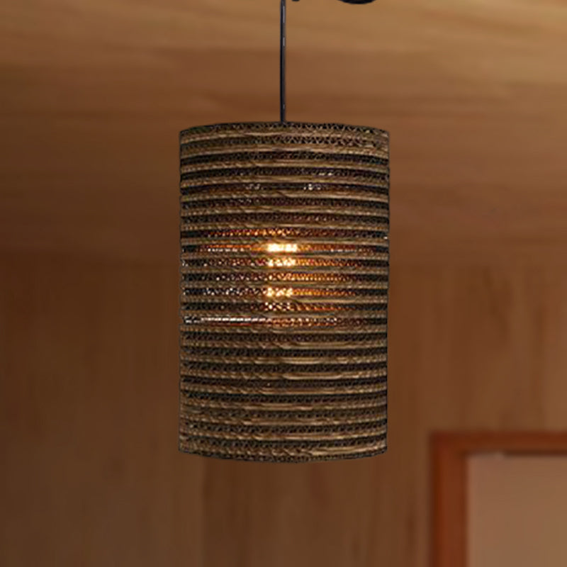Corrugated Paper Hanging Lamp - Asian Style with Brown High Waist Shade - Restaurant Pendant Light