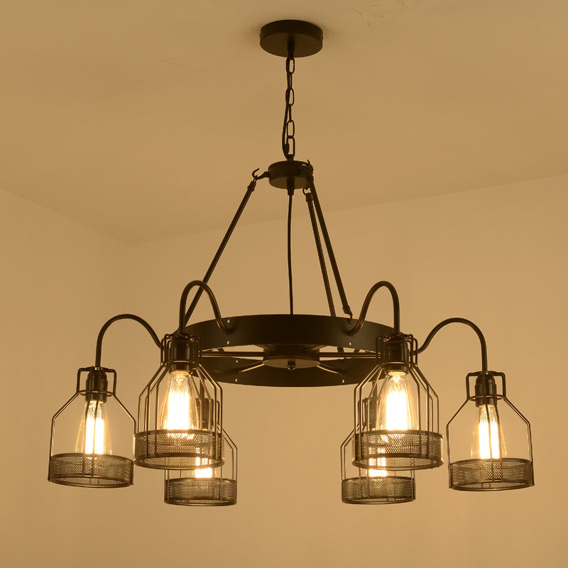 6/8-Headed Farmhouse Black Metal Chandelier With Cage Frame - Bell Hanging Lamp Light Fixture 6 /