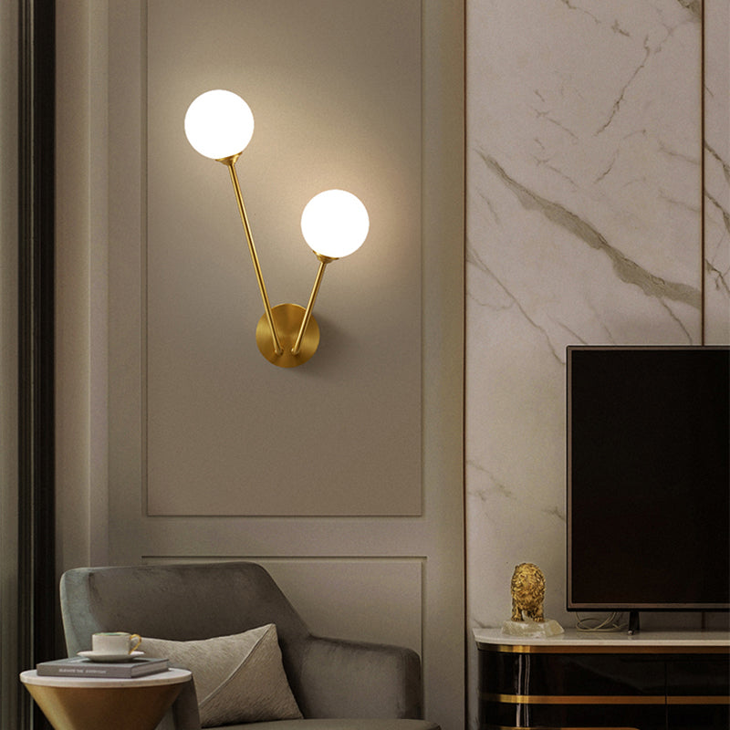 Minimalistic Brass Branch Wall Light With Ball Glass Sconce - Bedroom Lighting Fixture