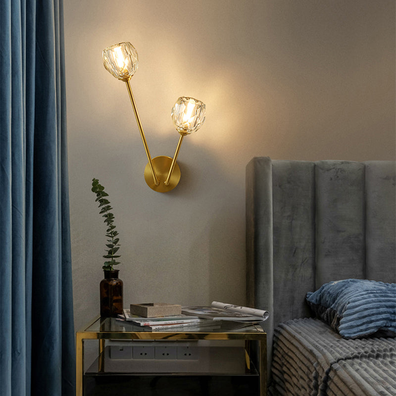 Minimalistic Brass Branch Wall Light With Ball Glass Sconce - Bedroom Lighting Fixture