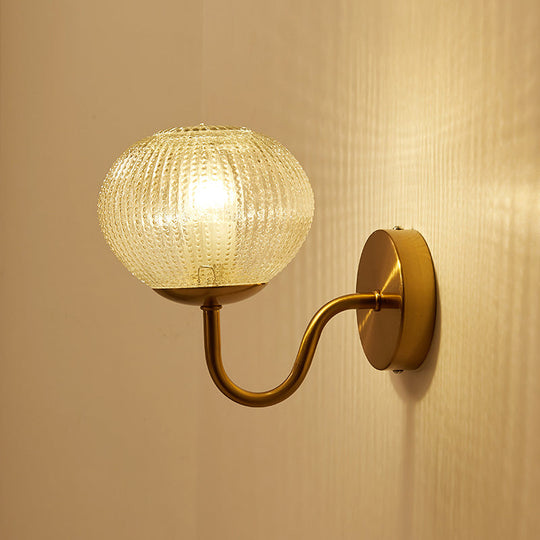 Postmodern Brass Sconce Bedside Wall Light With Textured Glass Shade - 1-Bulb Ball Shaped Lamp