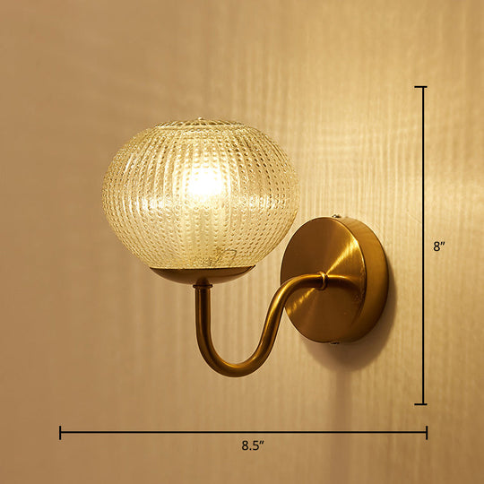 Postmodern Brass Sconce Bedside Wall Light With Textured Glass Shade - 1-Bulb Ball Shaped Lamp /