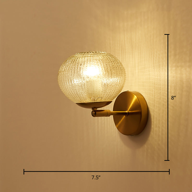 Postmodern Brass Sconce Bedside Wall Light With Textured Glass Shade - 1-Bulb Ball Shaped Lamp /