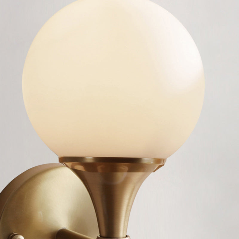 Ivory Glass Ball Wall Lamp With 2-Head Brass Sconce For Bedroom