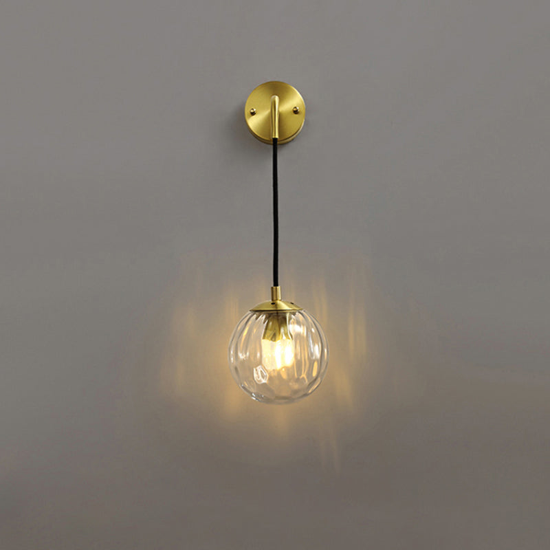 Minimalist Clear Ripple Glass Ball Wall Light: Brass Sconce Fixture For Dining Room / Long Arm