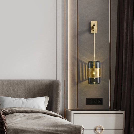 Modern Brass Wall Sconce Light With Glass Shade - Postmodern Cylindrical Fixture