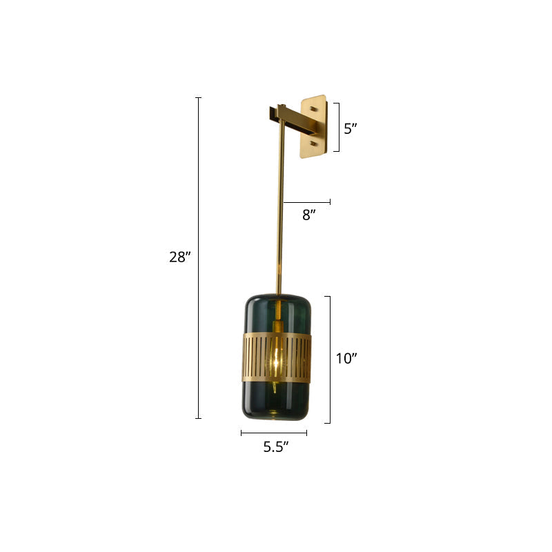 Modern Brass Wall Sconce Light With Glass Shade - Postmodern Cylindrical Fixture Blackish Green