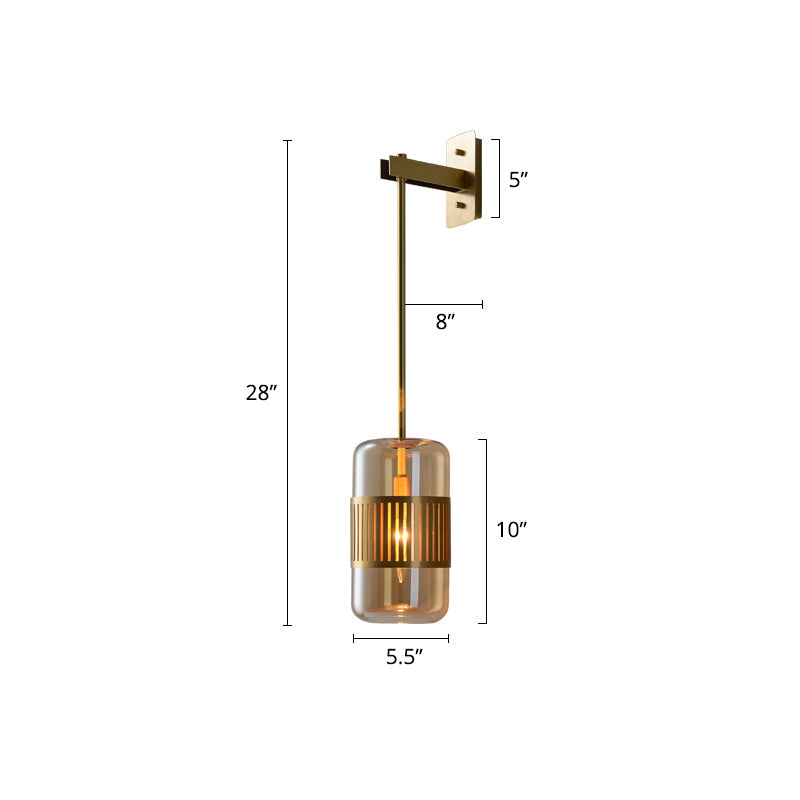 Modern Brass Wall Sconce Light With Glass Shade - Postmodern Cylindrical Fixture Amber