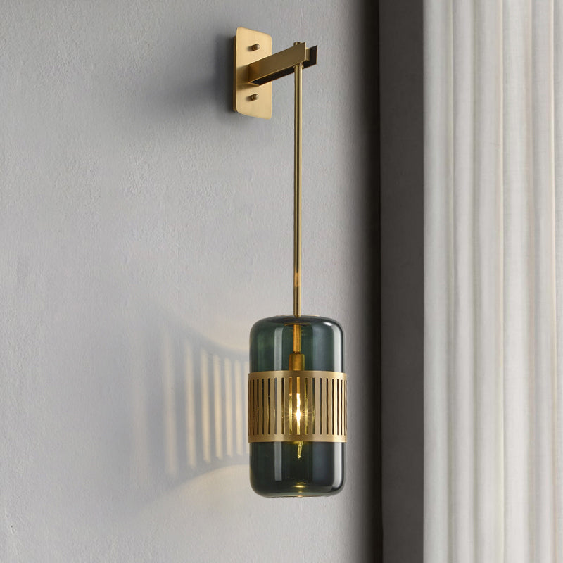 Modern Brass Wall Sconce Light With Glass Shade - Postmodern Cylindrical Fixture