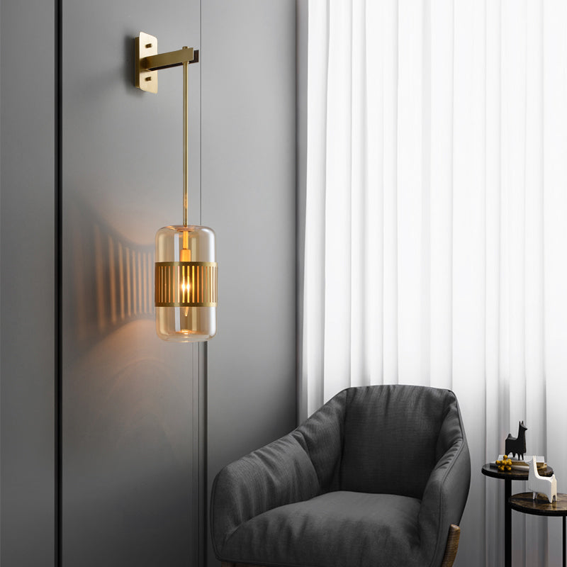 Modern Brass Wall Sconce Light With Glass Shade - Postmodern Cylindrical Fixture