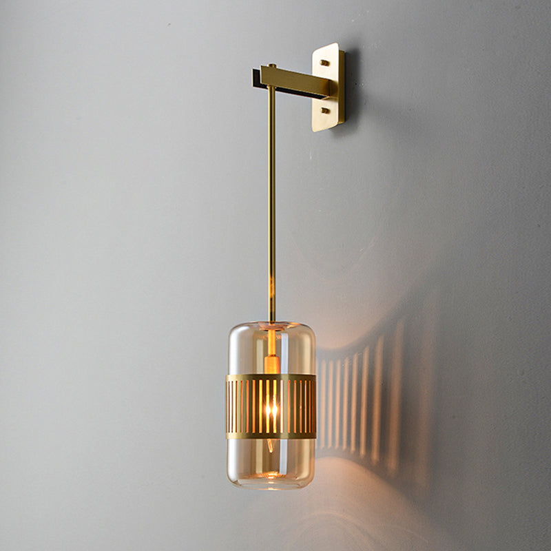 Modern Brass Wall Sconce Light With Glass Shade - Postmodern Cylindrical Fixture