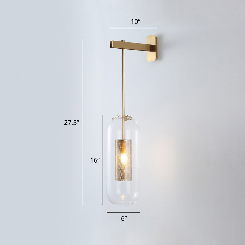 Modern Glass Wall Lamp With Brass Sconce And Mesh Guard Clear / Short Arm