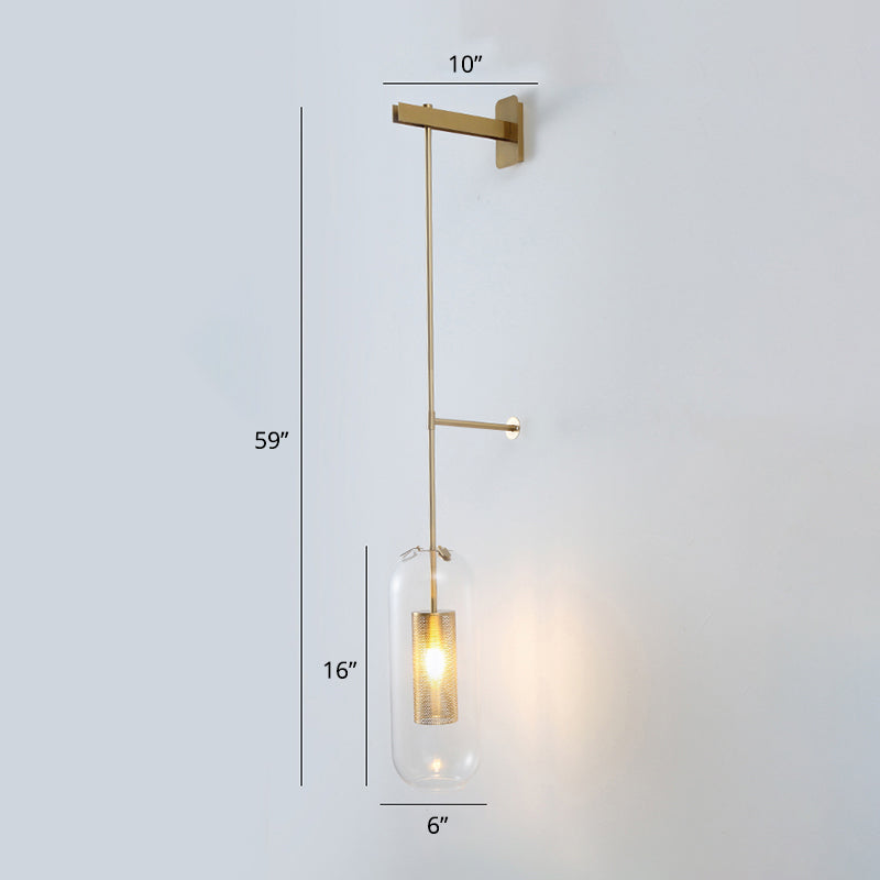 Modern Glass Wall Lamp With Brass Sconce And Mesh Guard Clear / Long Arm