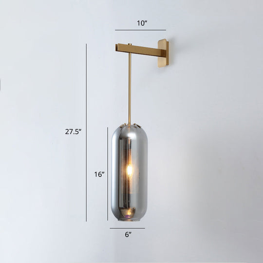 Modern Glass Wall Lamp With Brass Sconce And Mesh Guard Smoke Gray / Short Arm