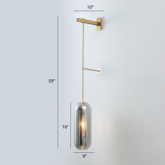 Modern Glass Wall Lamp With Brass Sconce And Mesh Guard Smoke Gray / Long Arm