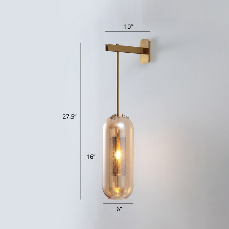Modern Glass Wall Lamp With Brass Sconce And Mesh Guard Amber / Short Arm