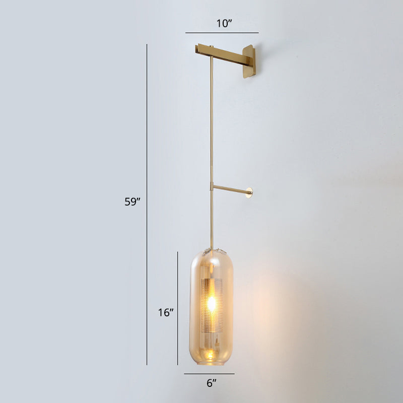 Modern Glass Wall Lamp With Brass Sconce And Mesh Guard Amber / Long Arm
