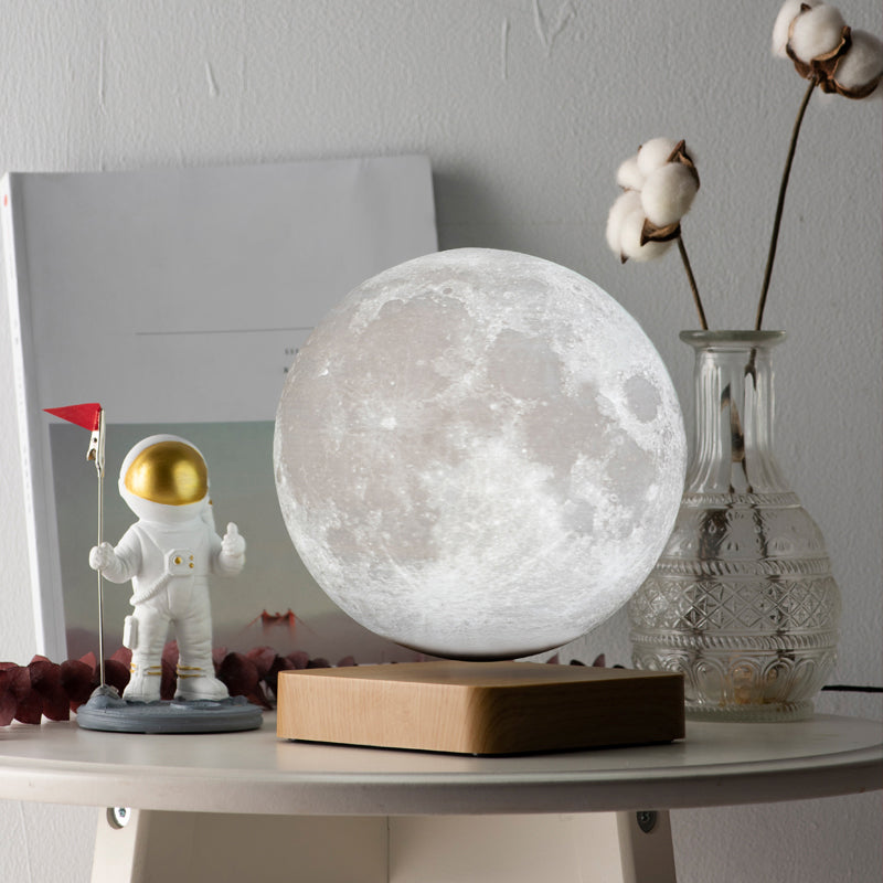 Kids Moon Sphere Maglev Table Lamp - Plastic Bedside Led Night Light In White-Wood White / 8