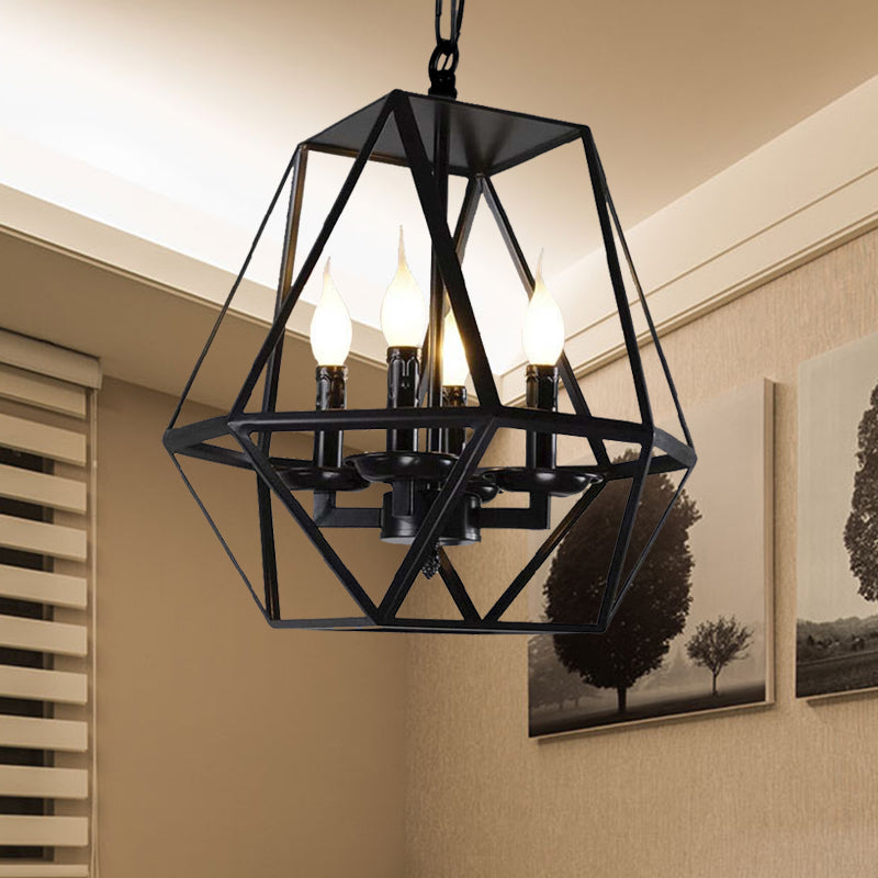 Black Retro Industrial Geometric Cage Chandelier With Adjustable Chain - 4 Heads Ceiling Light