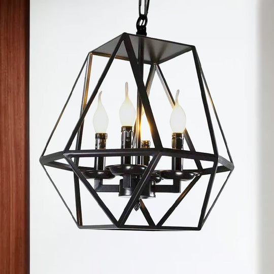 Black Industrial Metal Ceiling Light Fixture with Adjustable Chain - Retro Geometric Cage Chandelier Lamp