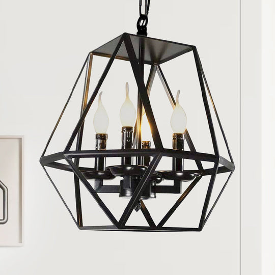 Black Industrial Metal Ceiling Light Fixture with Adjustable Chain - Retro Geometric Cage Chandelier Lamp